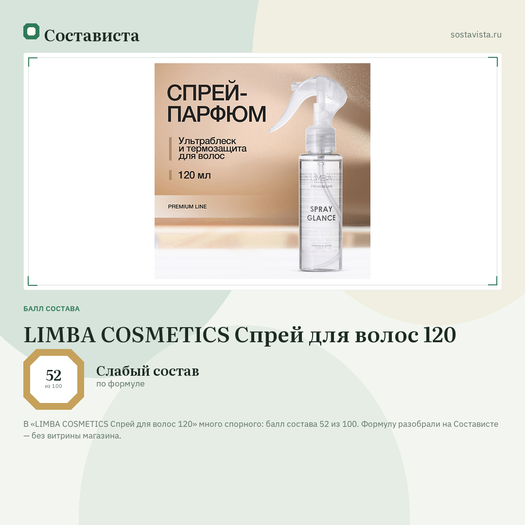 LIMBA COSMETICS Спрей для волос 120: балл состава 52 из 100 — Состависта