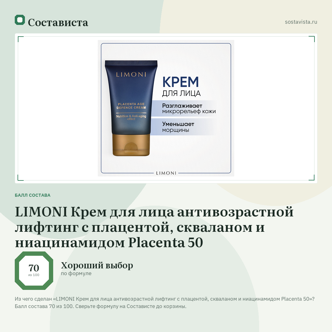 LIMONI Крем для лица антивозрастной лифтинг с плацентой, скваланом и ниацинамидом Placenta 50: балл состава 70 из 100 — Состависта