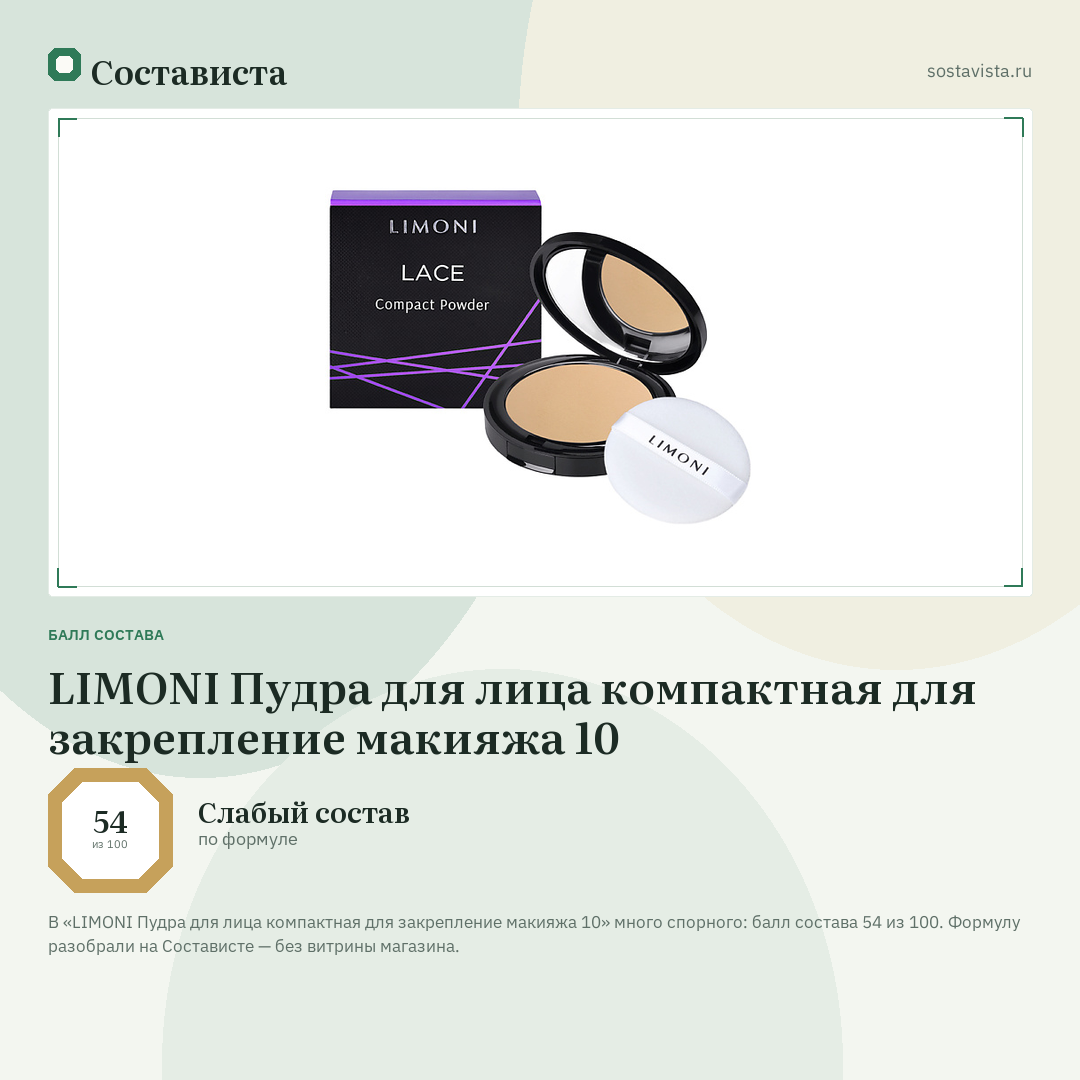 LIMONI Пудра для лица компактная для закрепление макияжа 10: балл состава 54 из 100 — Состависта