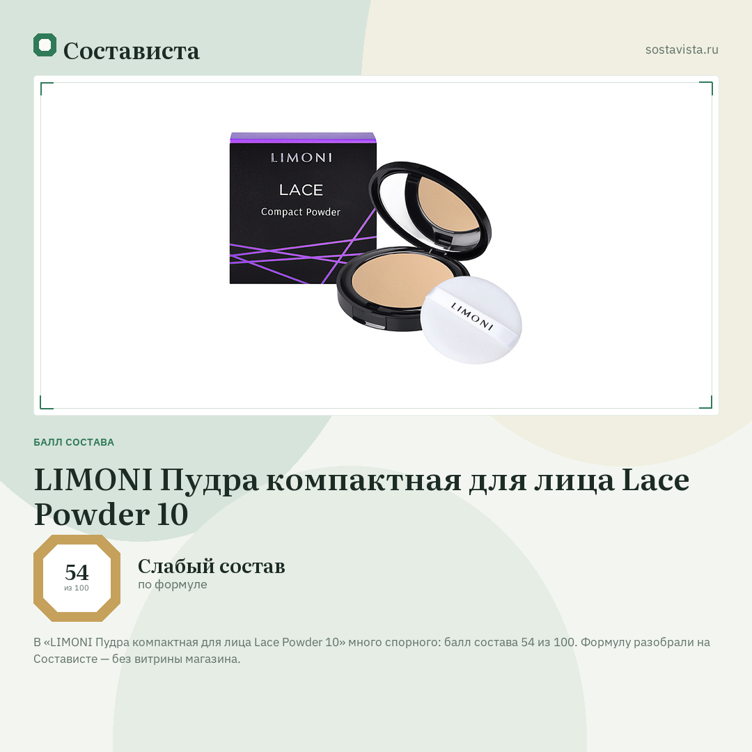 LIMONI Пудра компактная для лица Lace Powder 10: балл состава 54 из 100 — Состависта