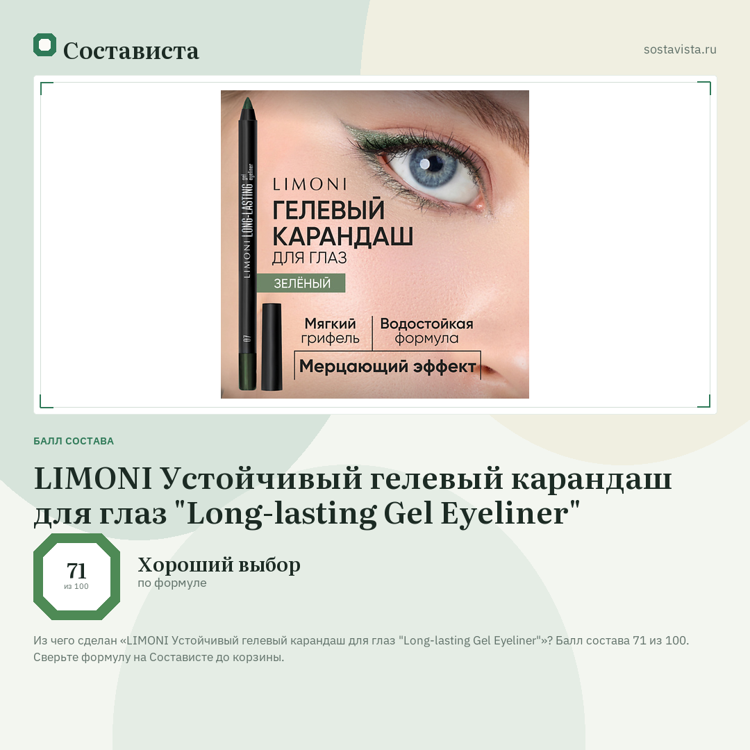LIMONI Устойчивый гелевый карандаш для глаз "Long-lasting Gel Eyeliner": балл состава 71 из 100 — Состависта