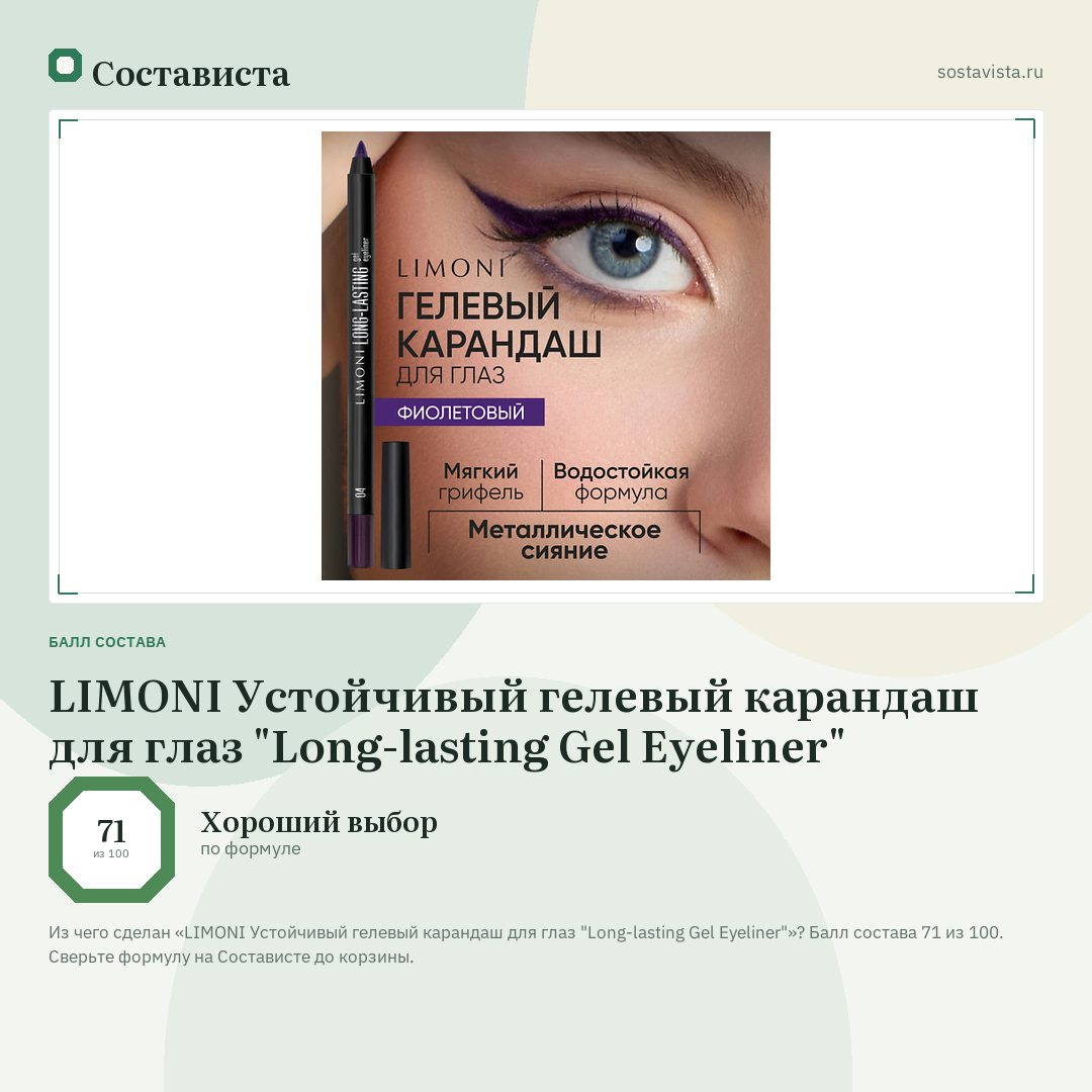 LIMONI Устойчивый гелевый карандаш для глаз "Long-lasting Gel Eyeliner": балл состава 71 из 100 — Состависта