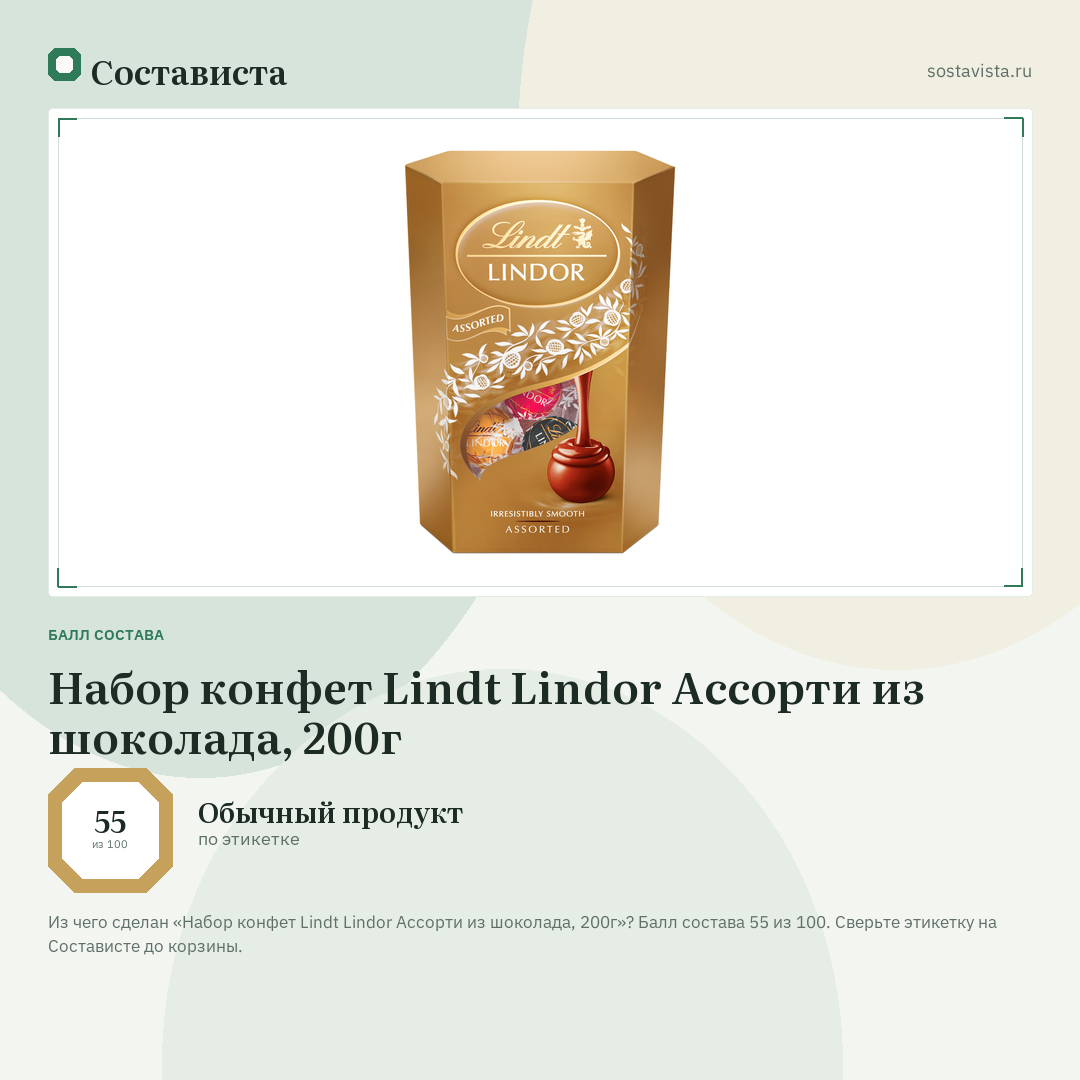 Набор конфет Lindt Lindor Ассорти из шоколада, 200г: балл состава 55 из 100 — Состависта