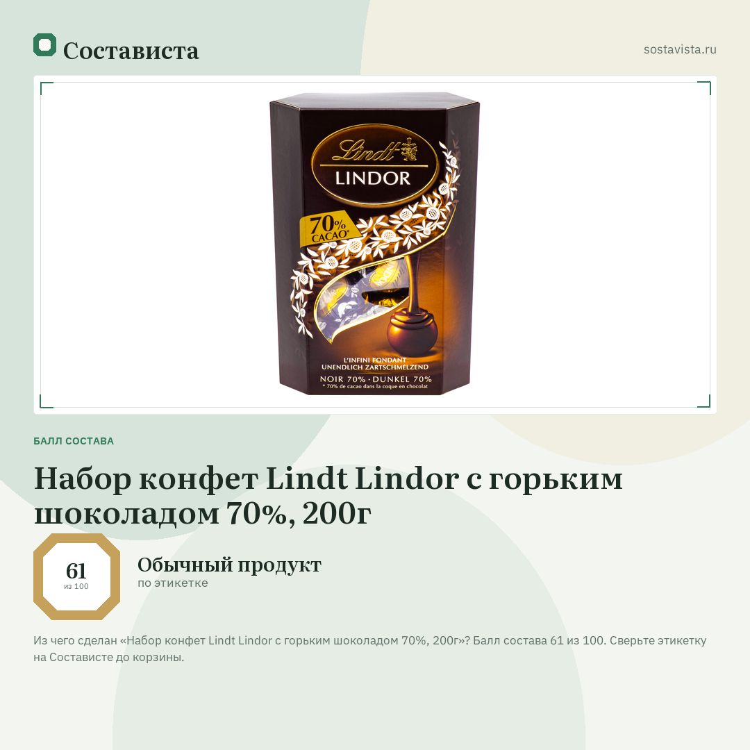 Набор конфет Lindt Lindor с горьким шоколадом 70%, 200г: балл состава 61 из 100 — Состависта
