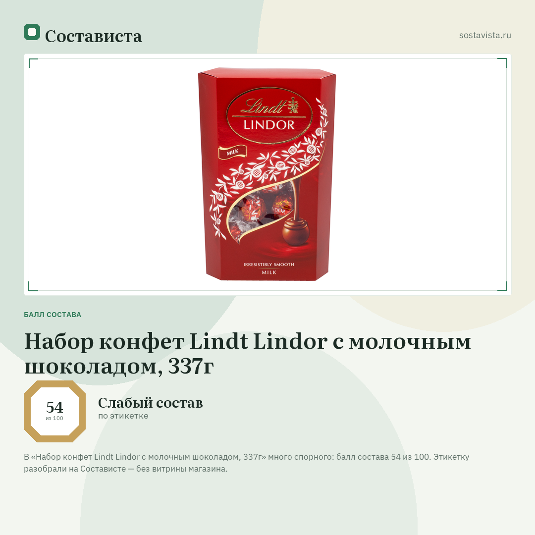 Набор конфет Lindt Lindor с молочным шоколадом, 337г: балл состава 54 из 100 — Состависта