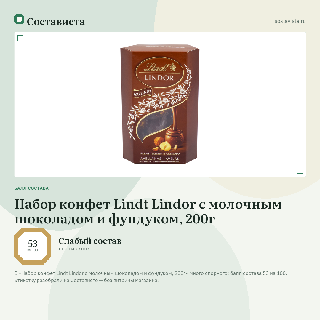 Набор конфет Lindt Lindor с молочным шоколадом и фундуком, 200г: балл состава 53 из 100 — Состависта