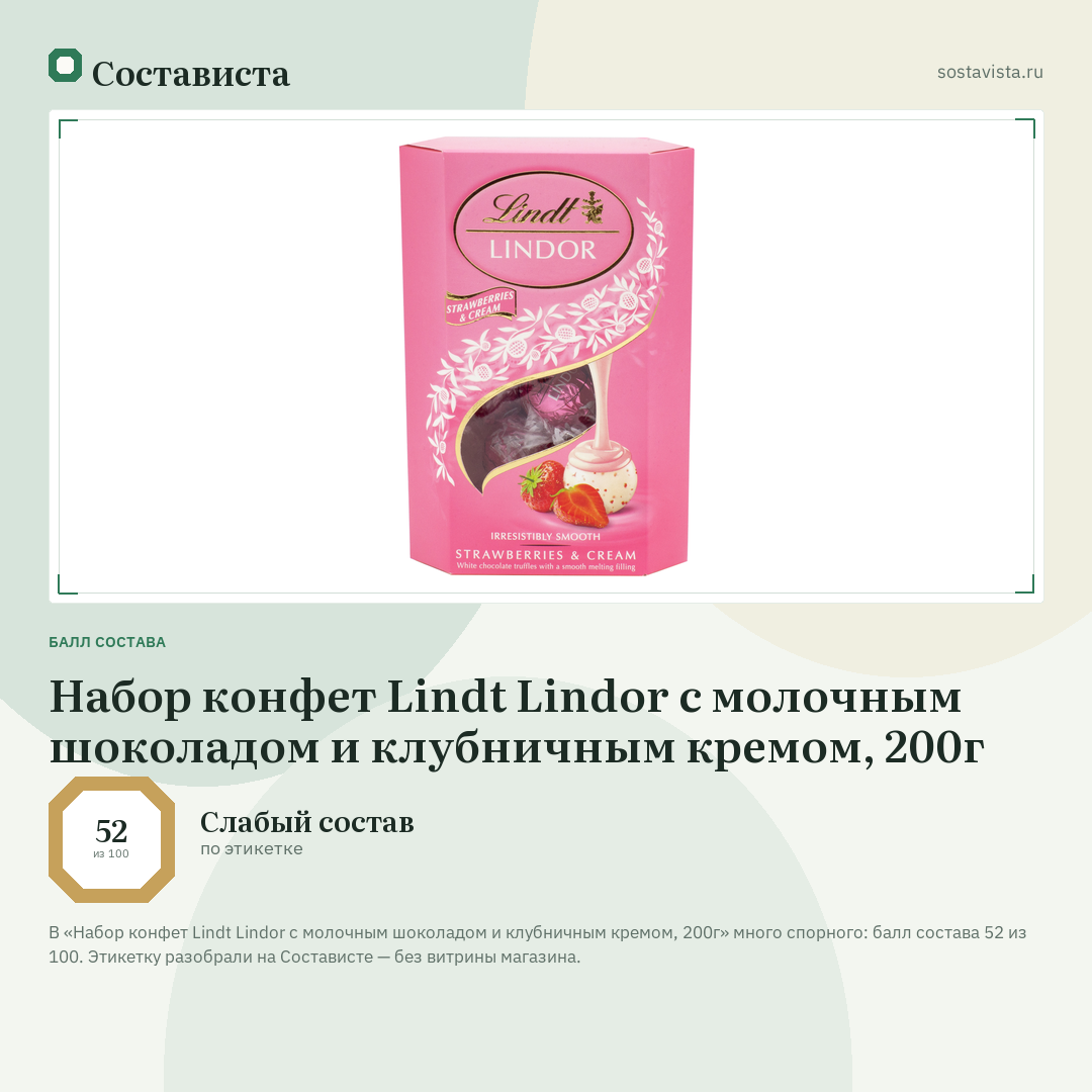 Набор конфет Lindt Lindor с молочным шоколадом и клубничным кремом, 200г: балл состава 52 из 100 — Состависта