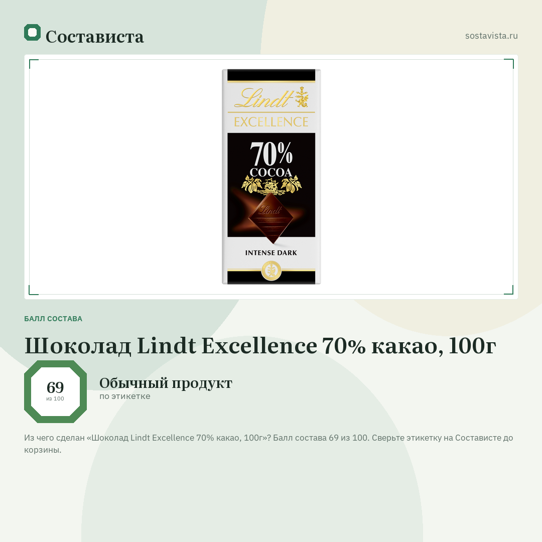 Шоколад Lindt Excellence 70% какао, 100г: балл состава 69 из 100 — Состависта