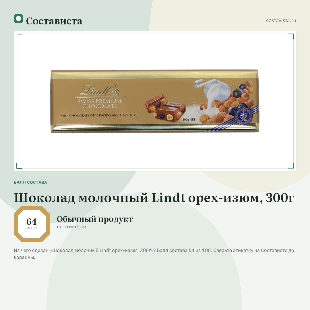 Шоколад молочный Lindt орех-изюм, 300г: балл состава 64 из 100 — Состависта