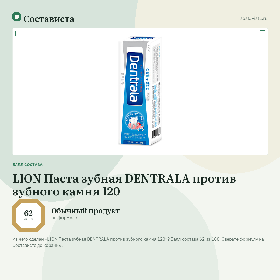 LION Паста зубная DENTRALA против зубного камня 120: балл состава 62 из 100 — Состависта