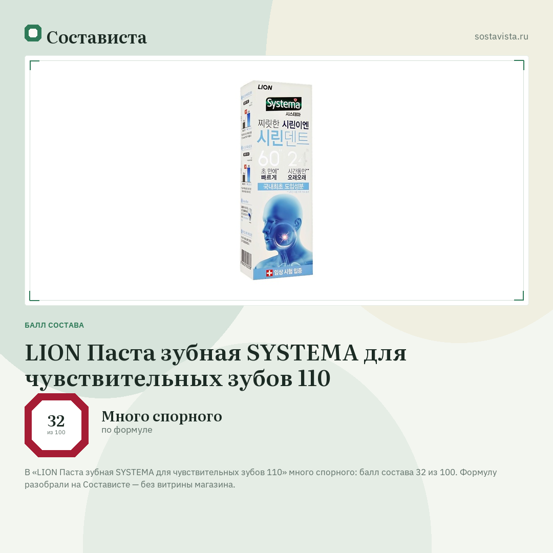 LION Паста зубная SYSTEMA для чувствительных зубов 110: балл состава 32 из 100 — Состависта