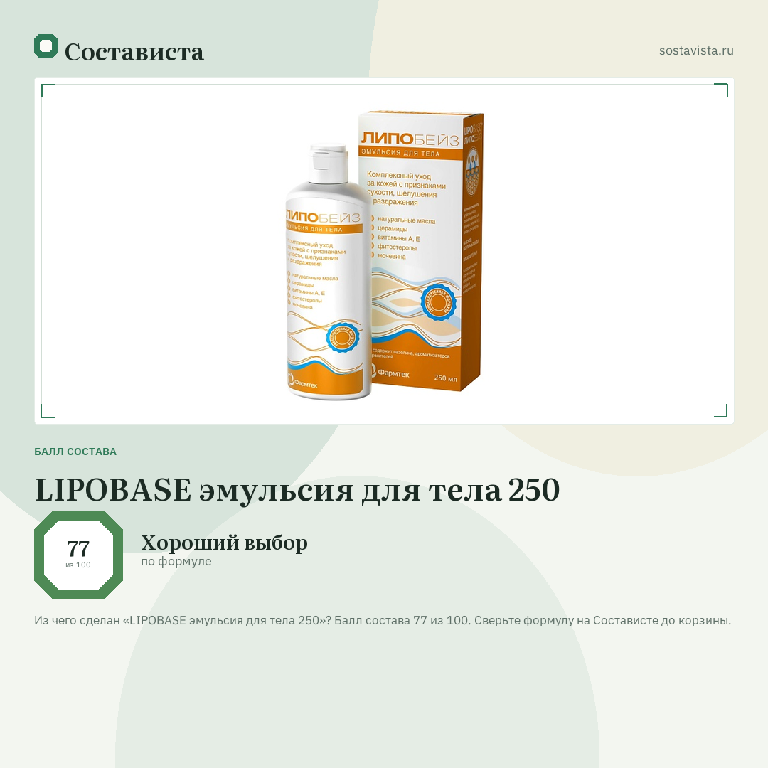 LIPOBASE эмульсия для тела 250: балл состава 77 из 100 — Состависта