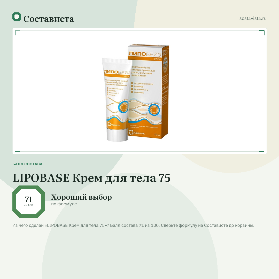 LIPOBASE Крем для тела 75: балл состава 71 из 100 — Состависта