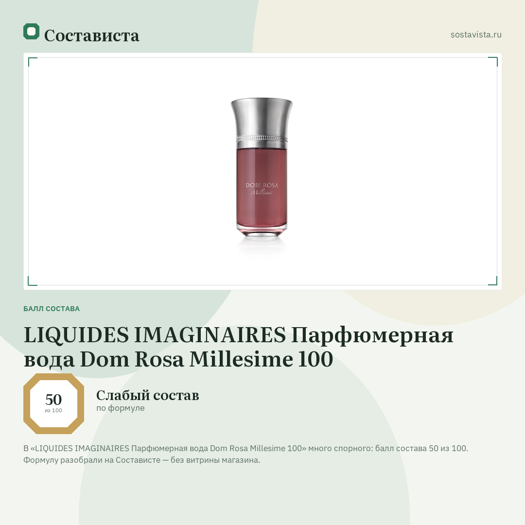 LIQUIDES IMAGINAIRES Парфюмерная вода Dom Rosa Millesime 100: балл состава 50 из 100 — Состависта
