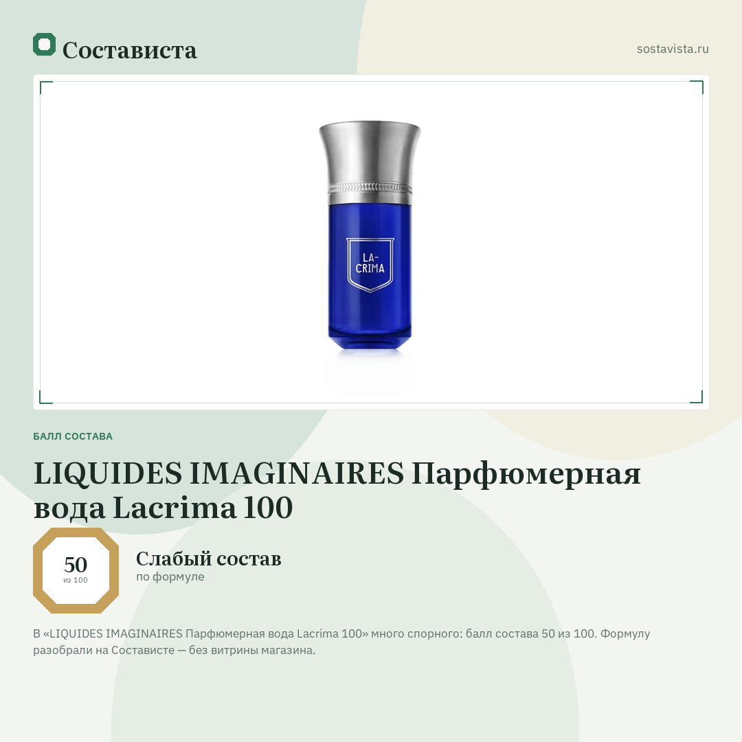 LIQUIDES IMAGINAIRES Парфюмерная вода Lacrima 100: балл состава 50 из 100 — Состависта
