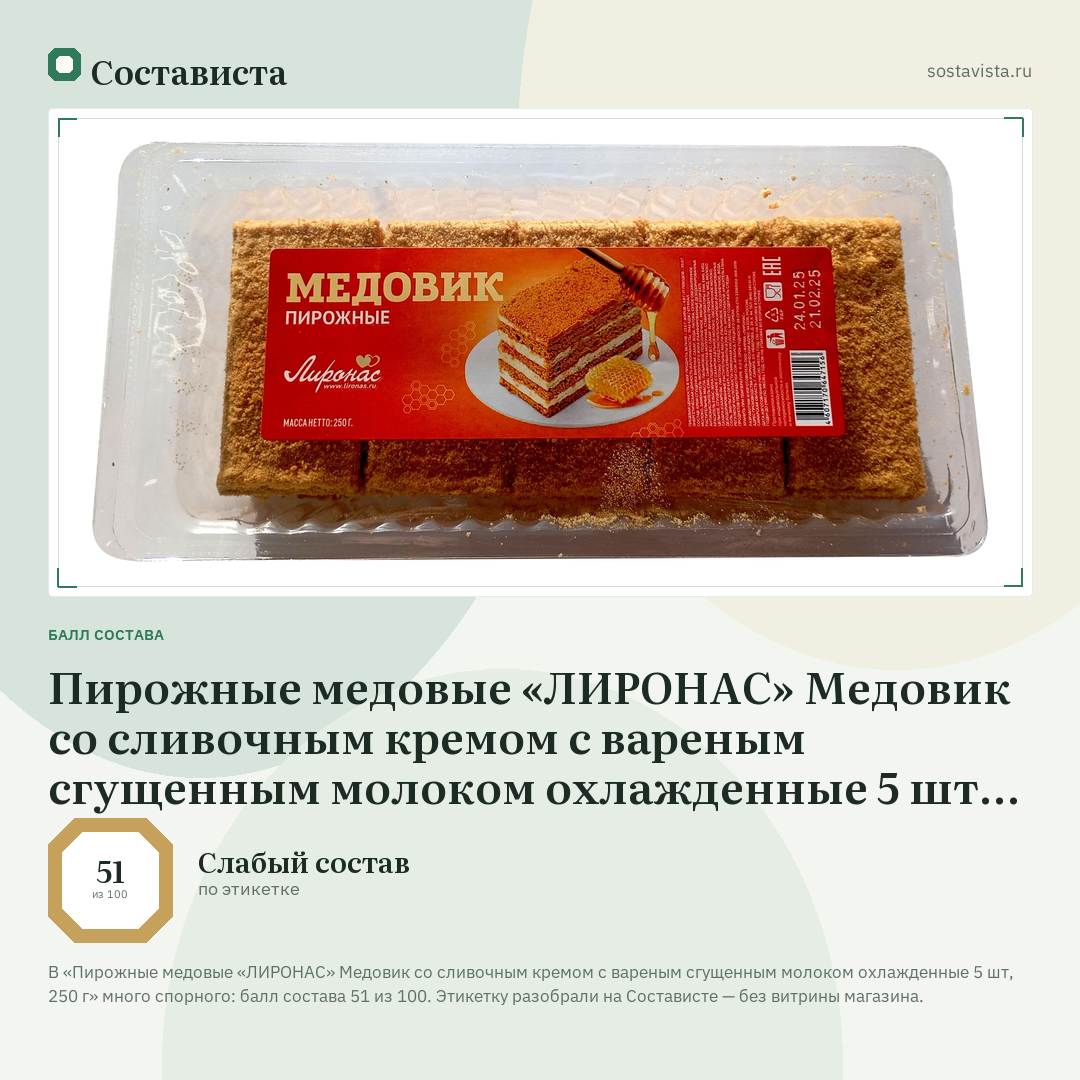 Пирожные медовые «ЛИРОНАС» Медовик со сливочным кремом с вареным сгущенным молоком охлажденные 5 шт, 250 г: балл состава 51 из 100 — Состависта