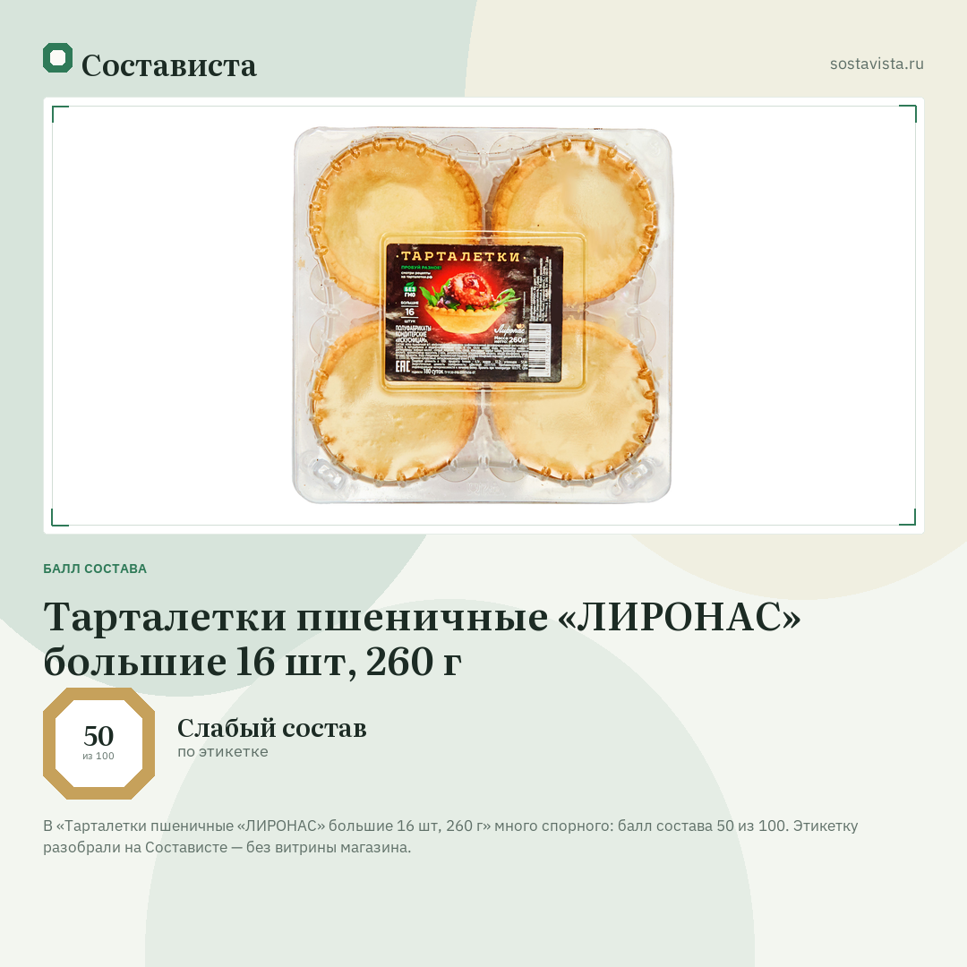 Тарталетки пшеничные «ЛИРОНАС» большие 16 шт, 260 г: балл состава 50 из 100 — Состависта