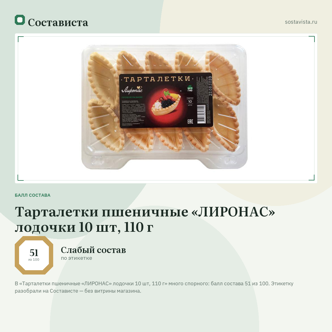 Тарталетки пшеничные «ЛИРОНАС» лодочки 10 шт, 110 г: балл состава 51 из 100 — Состависта