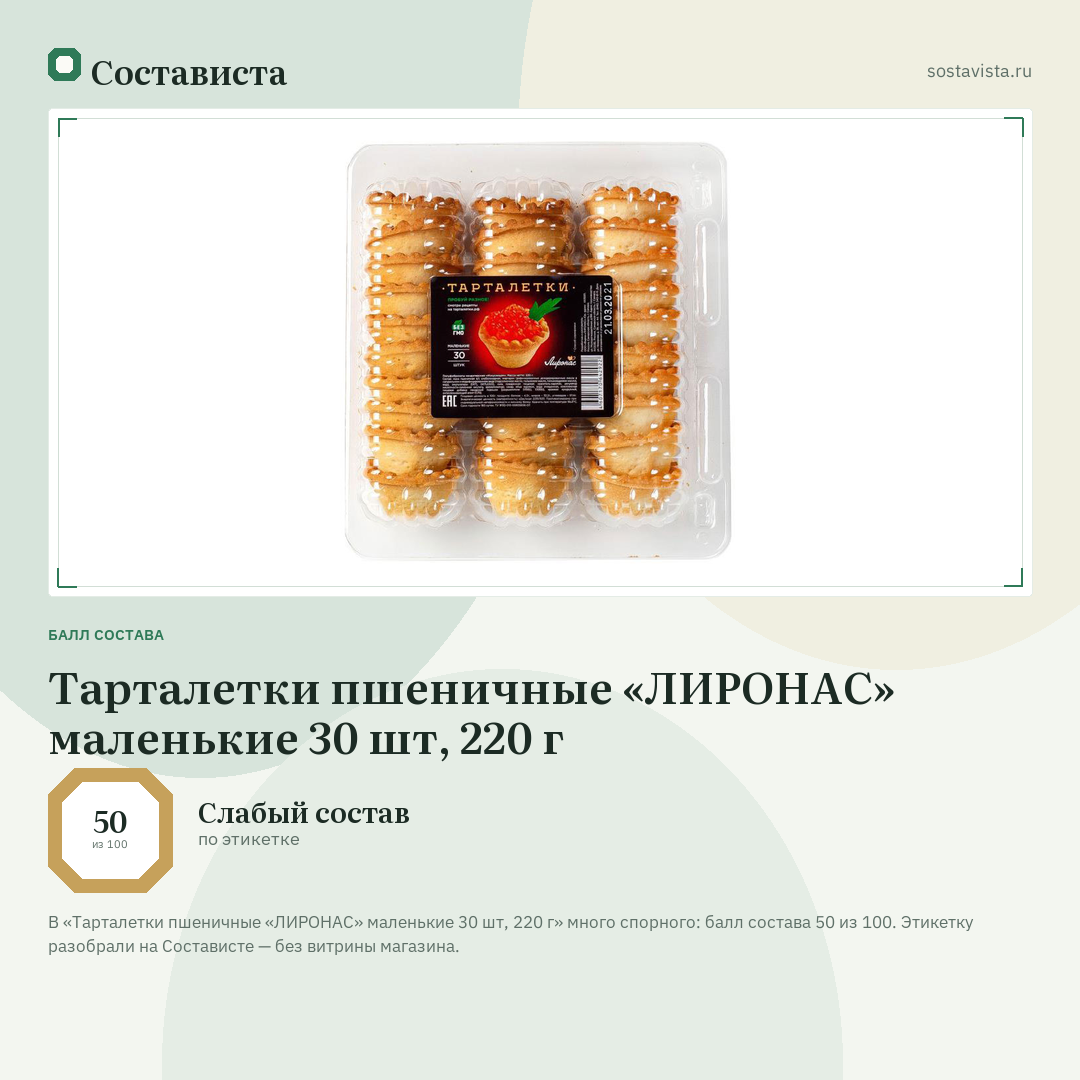 Тарталетки пшеничные «ЛИРОНАС» маленькие 30 шт, 220 г: балл состава 50 из 100 — Состависта