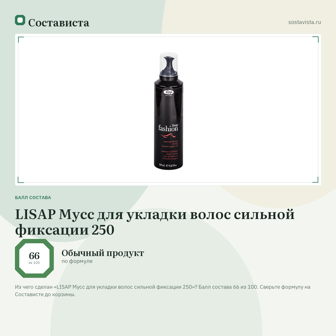 LISAP Мусс для укладки волос сильной фиксации 250: балл состава 66 из 100 — Состависта