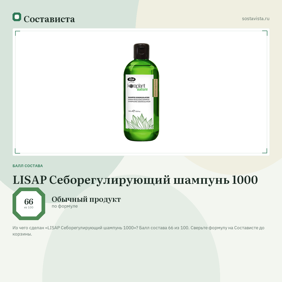 LISAP Себорегулирующий шампунь 1000: балл состава 66 из 100 — Состависта