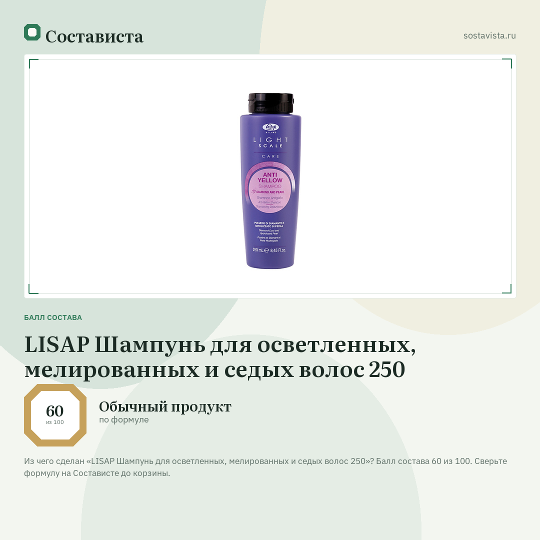 LISAP Шампунь для осветленных, мелированных и седых волос 250: балл состава 60 из 100 — Состависта