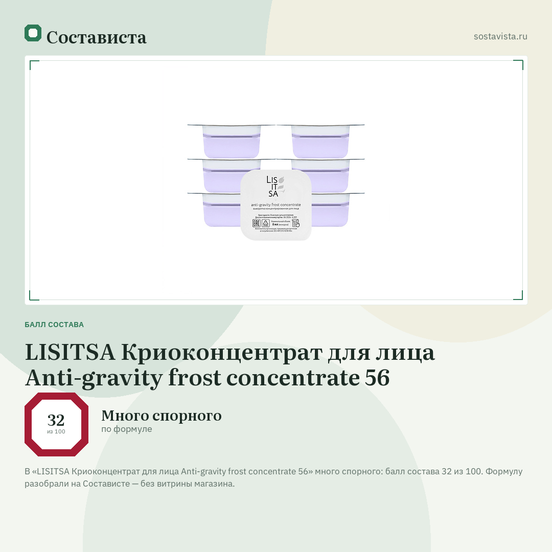 LISITSA Криоконцентрат для лица Anti-gravity frost concentrate 56: балл состава 32 из 100 — Состависта