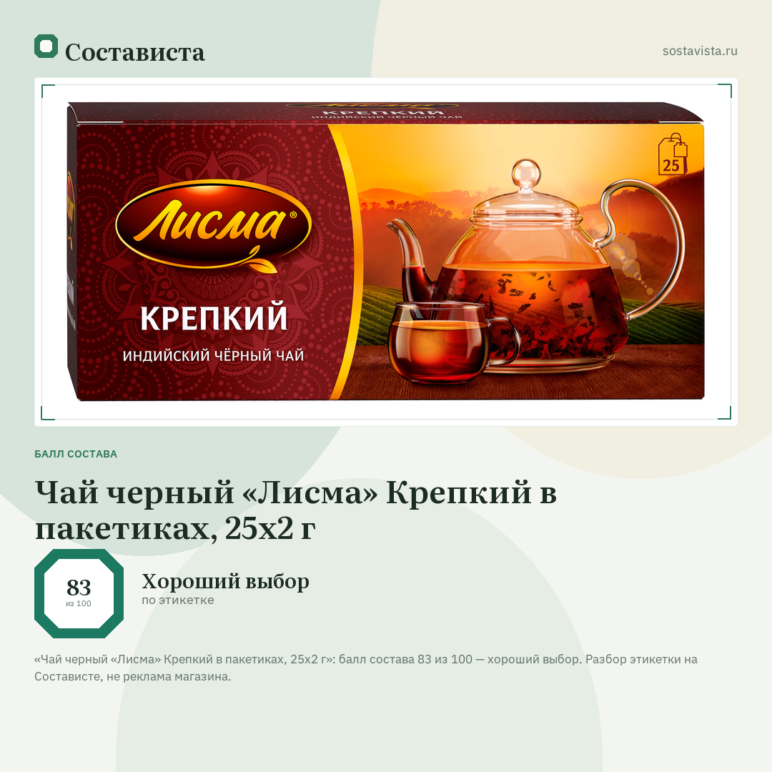 Чай черный «Лисма» Крепкий в пакетиках, 25х2 г: балл состава 83 из 100 — Состависта