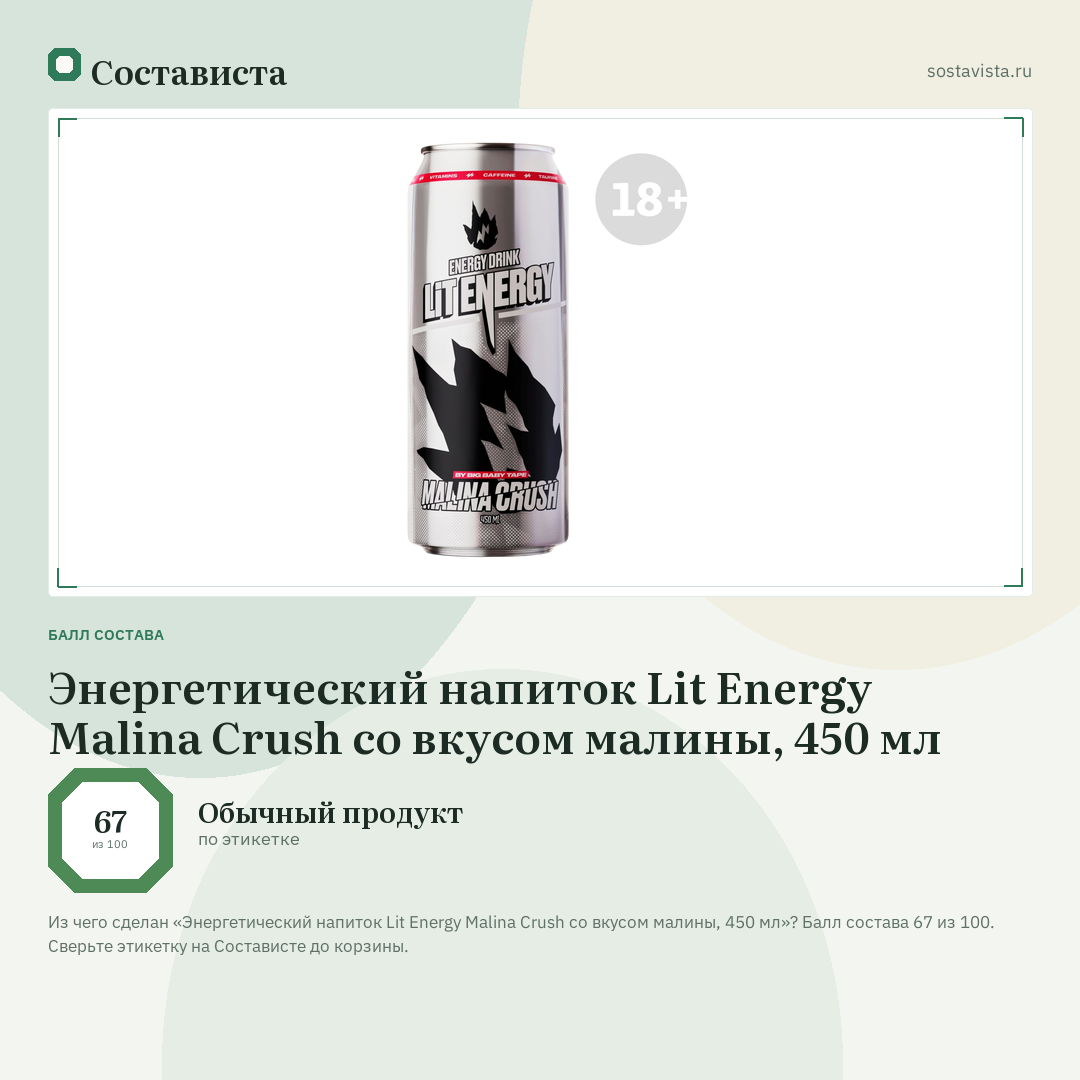 Энергетический напиток Lit Energy Malina Crush со вкусом малины, 450 мл: балл состава 67 из 100 — Состависта