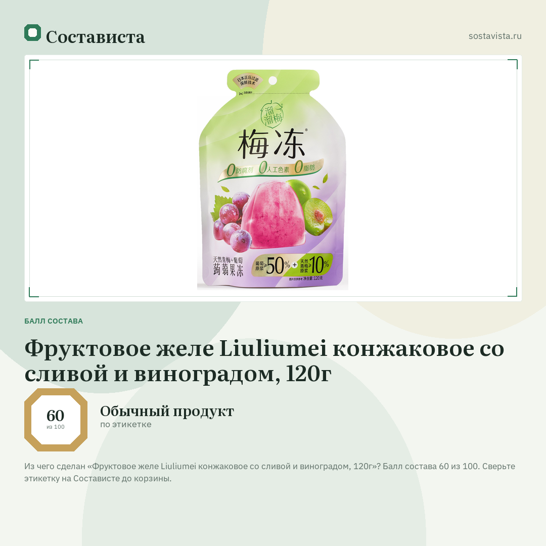 Фруктовое желе Liuliumei конжаковое со сливой и виноградом, 120г: балл состава 60 из 100 — Состависта