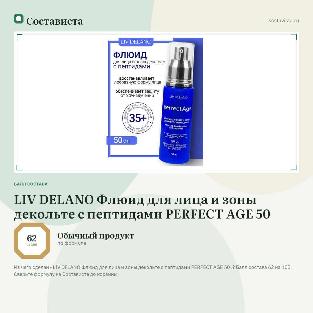 LIV DELANO Флюид для лица и зоны декольте с пептидами PERFECT AGE 50: балл состава 62 из 100 — Состависта