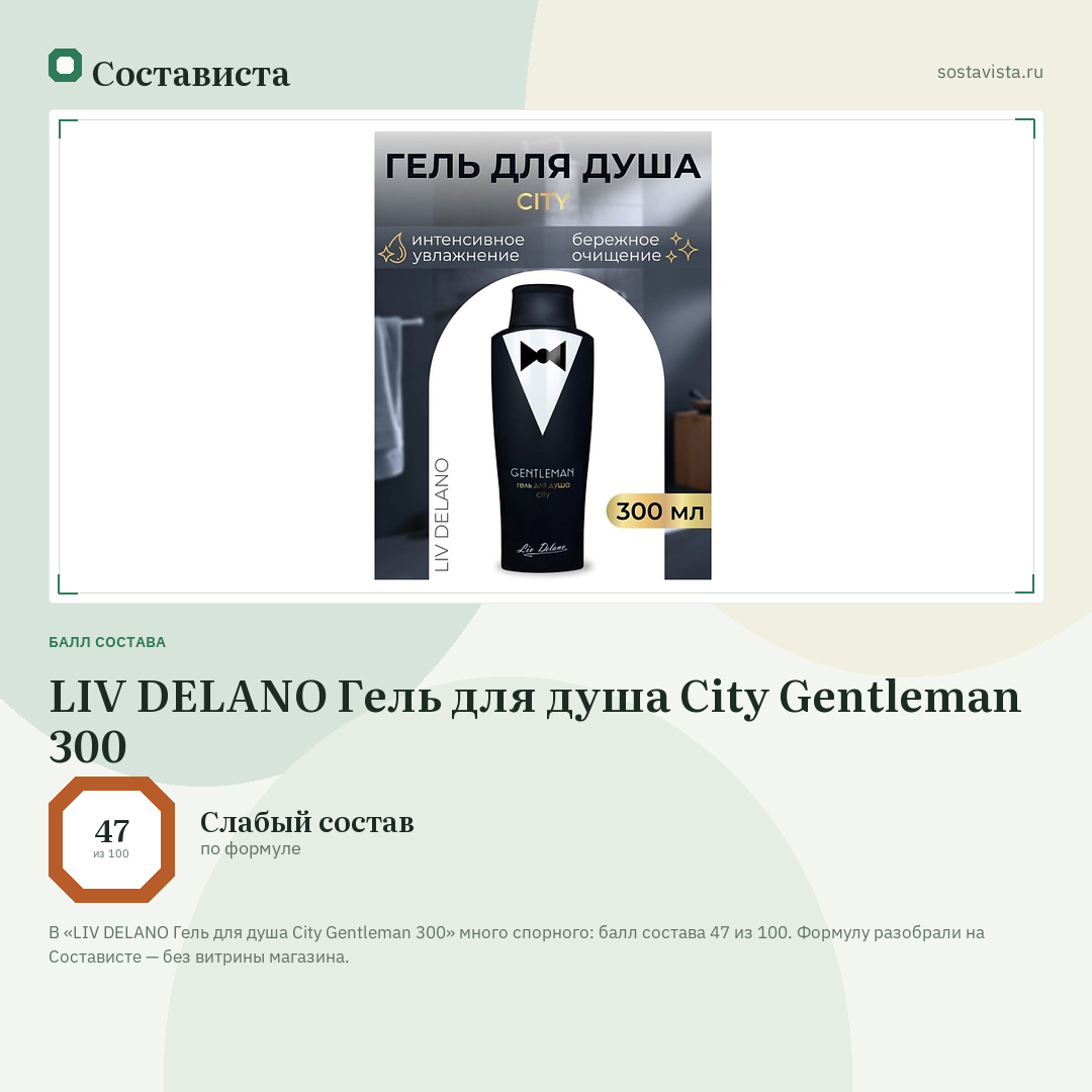 LIV DELANO Гель для душа City Gentleman 300: балл состава 47 из 100 — Состависта