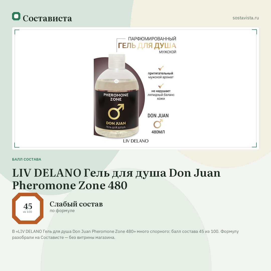 LIV DELANO Гель для душа Don Juan Pheromone Zone 480: балл состава 45 из 100 — Состависта
