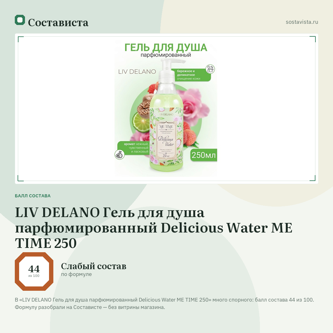 LIV DELANO Гель для душа парфюмированный Delicious Water ME TIME 250: балл состава 44 из 100 — Состависта