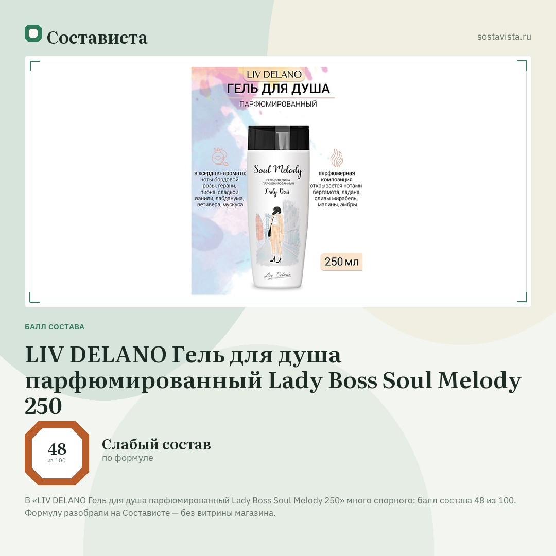 LIV DELANO Гель для душа парфюмированный Lady Boss Soul Melody 250: балл состава 48 из 100 — Состависта