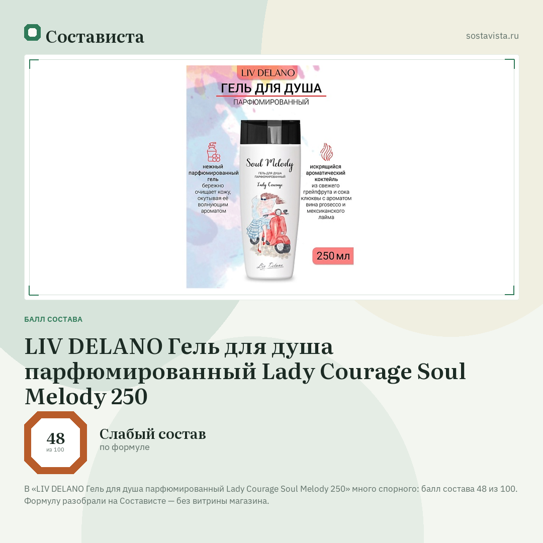LIV DELANO Гель для душа парфюмированный Lady Courage Soul Melody 250: балл состава 48 из 100 — Состависта