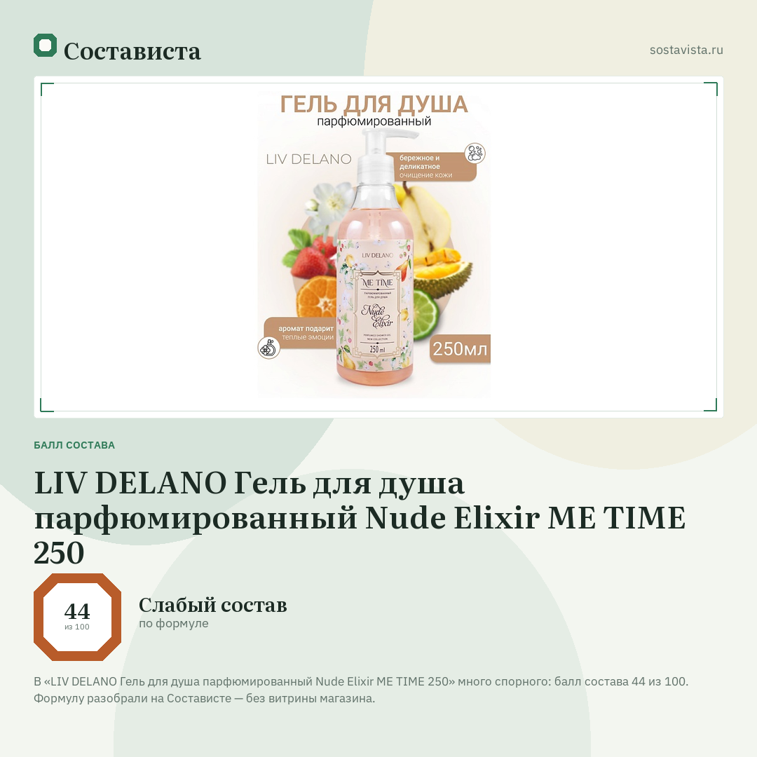LIV DELANO Гель для душа парфюмированный Nude Elixir ME TIME 250: балл состава 44 из 100 — Состависта