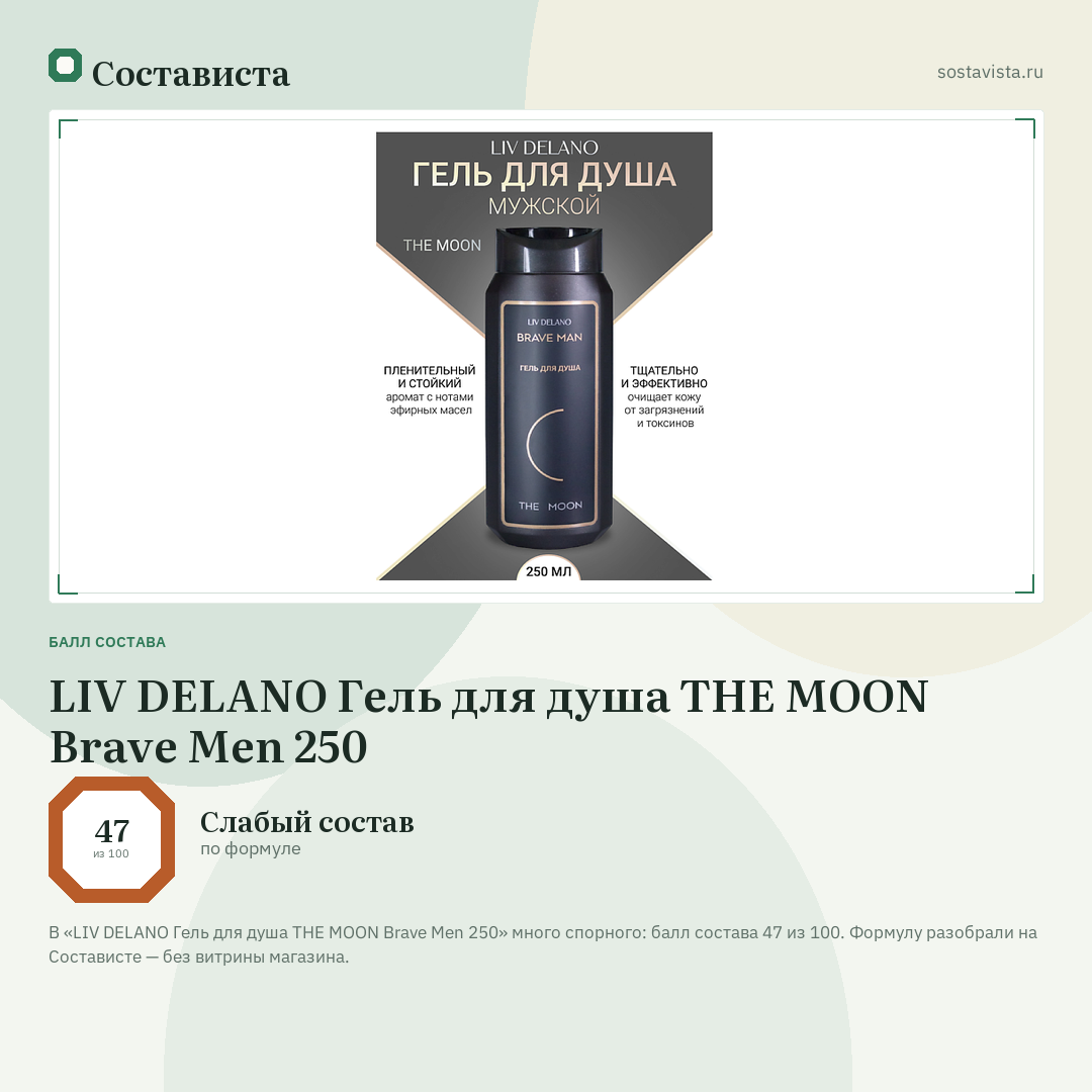 LIV DELANO Гель для душа THE MOON Brave Men 250: балл состава 47 из 100 — Состависта