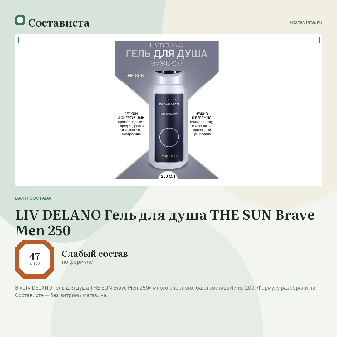 LIV DELANO Гель для душа THE SUN Brave Men 250: балл состава 47 из 100 — Состависта