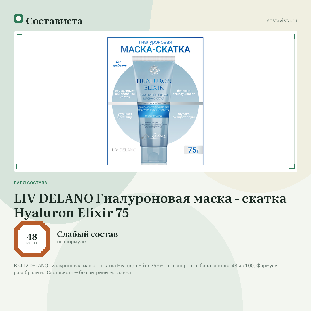 LIV DELANO Гиалуроновая маска - скатка Hyaluron Elixir 75: балл состава 48 из 100 — Состависта