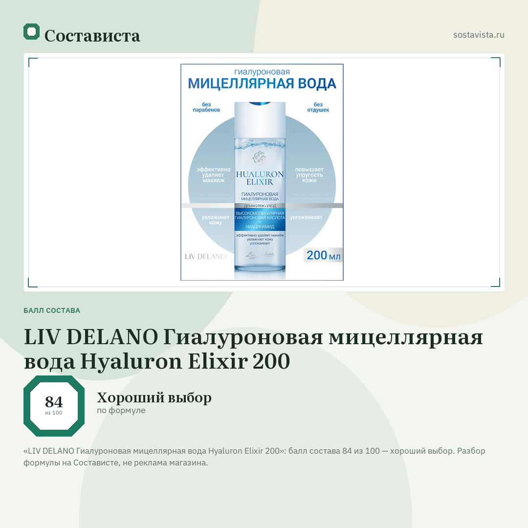 LIV DELANO Гиалуроновая мицеллярная вода Hyaluron Elixir 200: балл состава 84 из 100 — Состависта