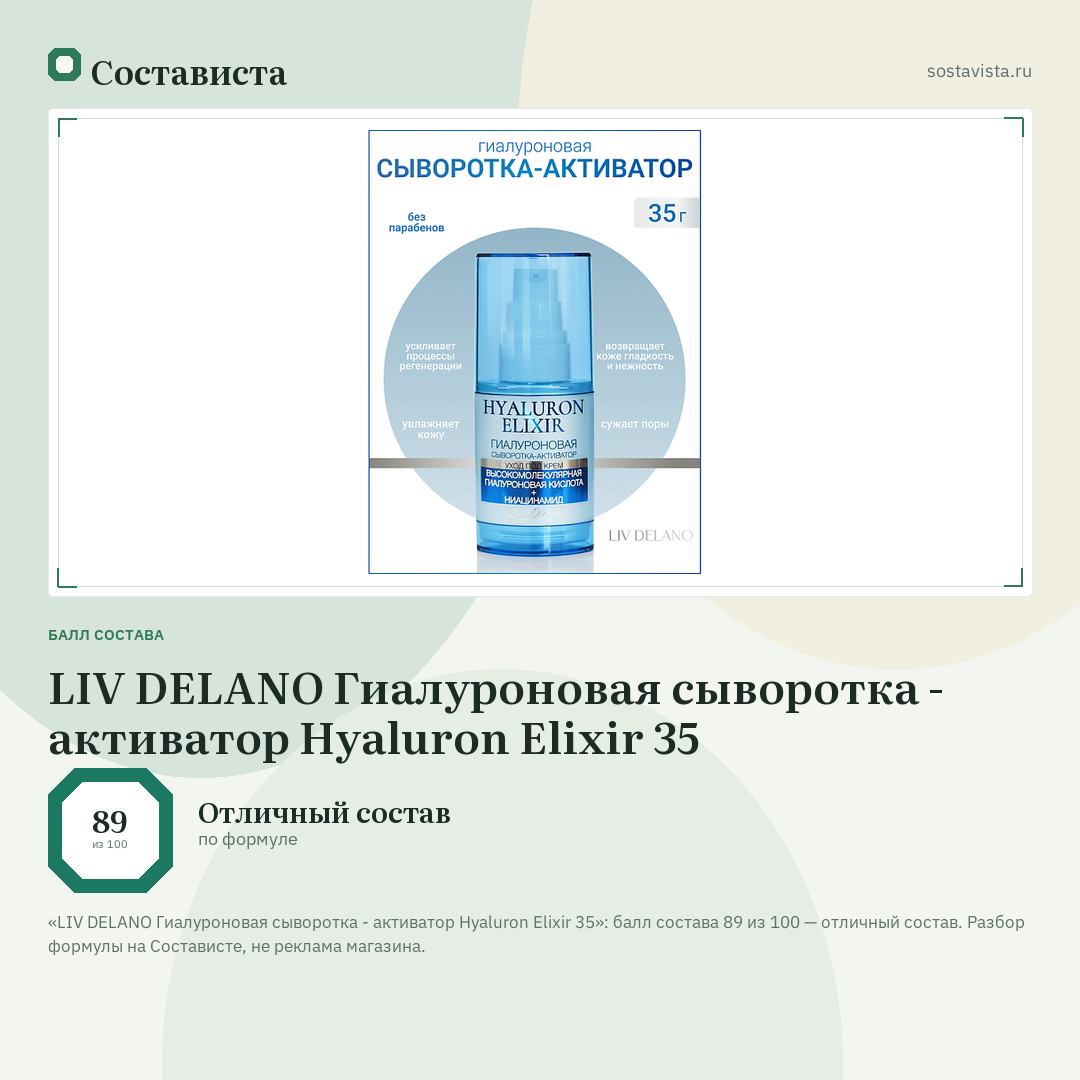LIV DELANO Гиалуроновая сыворотка - активатор Hyaluron Elixir 35: балл состава 89 из 100 — Состависта