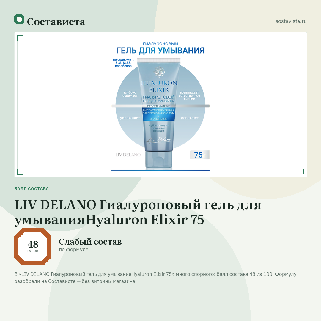 LIV DELANO Гиалуроновый гель для умыванияHyaluron Elixir 75: балл состава 48 из 100 — Состависта