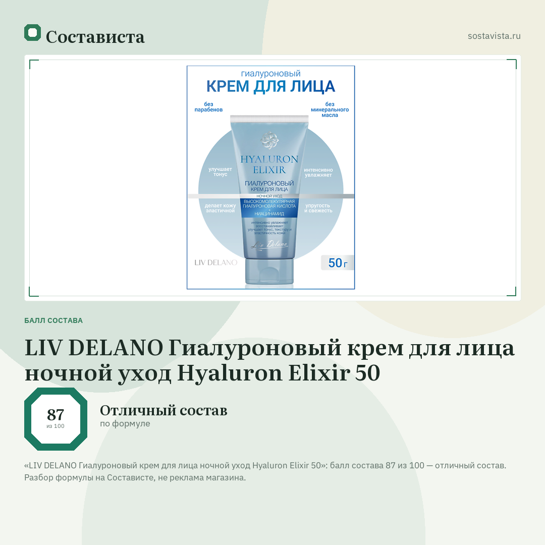 LIV DELANO Гиалуроновый крем для лица ночной уход Hyaluron Elixir 50: балл состава 87 из 100 — Состависта