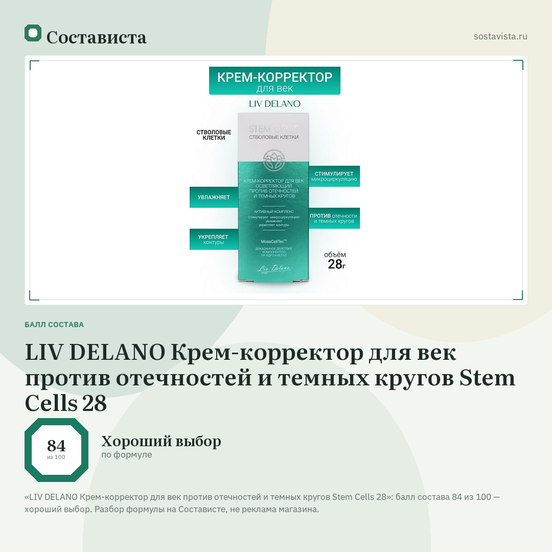 LIV DELANO Крем-корректор для век против отечностей и темных кругов Stem Cells 28: балл состава 84 из 100 — Состависта