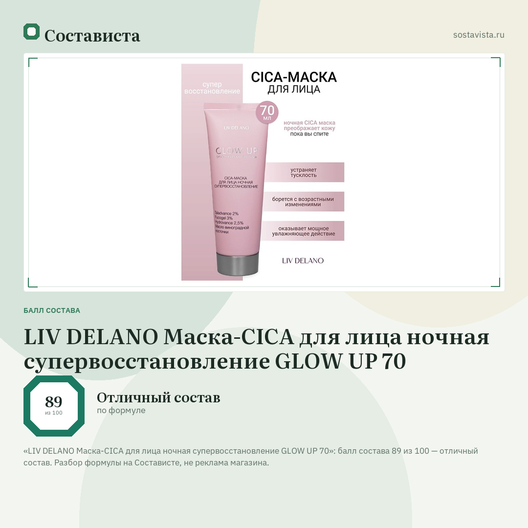 LIV DELANO Маска-CICA для лица ночная супервосстановление GLOW UP 70: балл состава 89 из 100 — Состависта