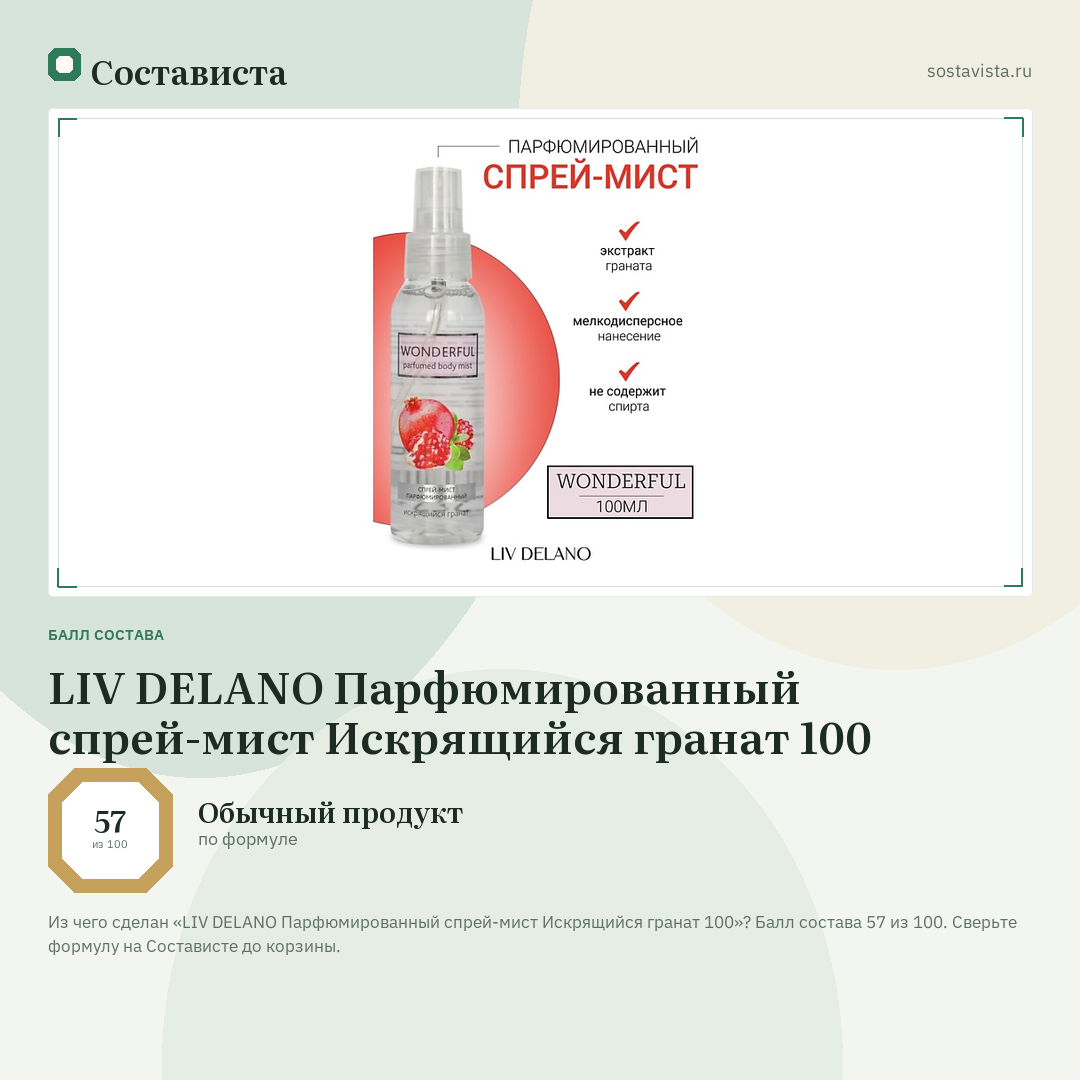 LIV DELANO Парфюмированный спрей-мист Искрящийся гранат 100: балл состава 57 из 100 — Состависта