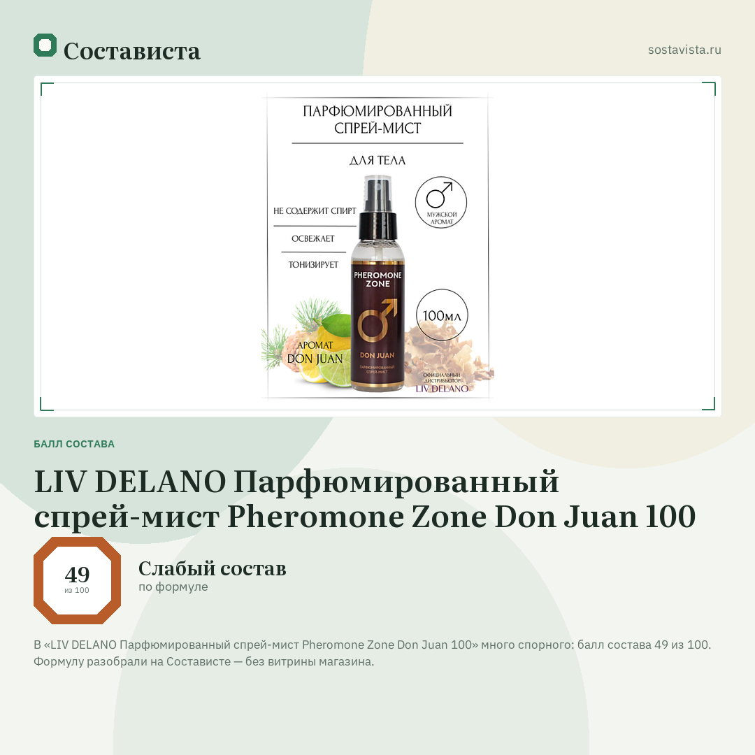 LIV DELANO Парфюмированный спрей-мист Pheromone Zone Don Juan 100: балл состава 49 из 100 — Состависта