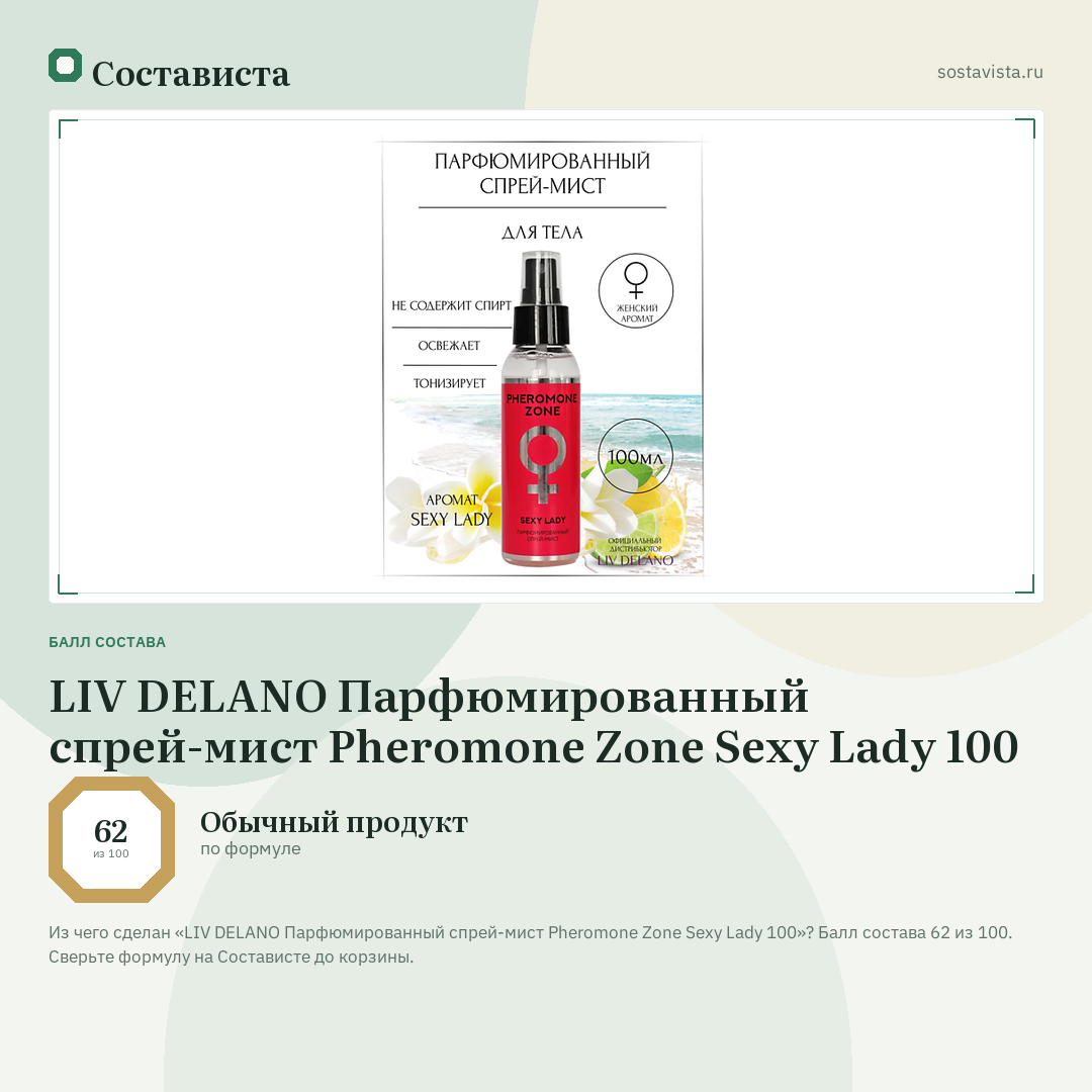 LIV DELANO Парфюмированный спрей-мист Pheromone Zone Sexy Lady 100: балл состава 62 из 100 — Состависта