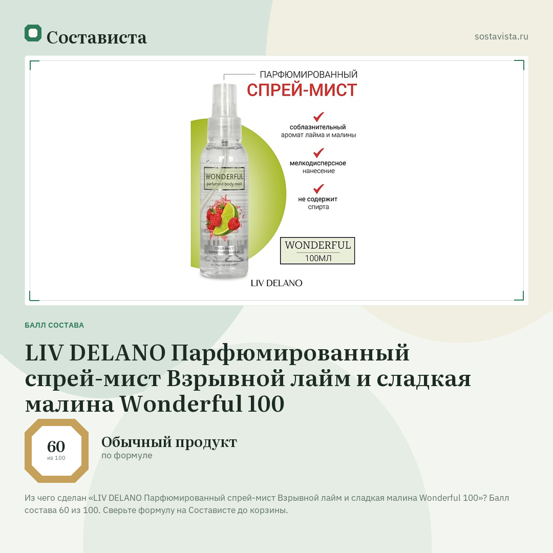 LIV DELANO Парфюмированный спрей-мист Взрывной лайм и сладкая малина Wonderful 100: балл состава 60 из 100 — Состависта
